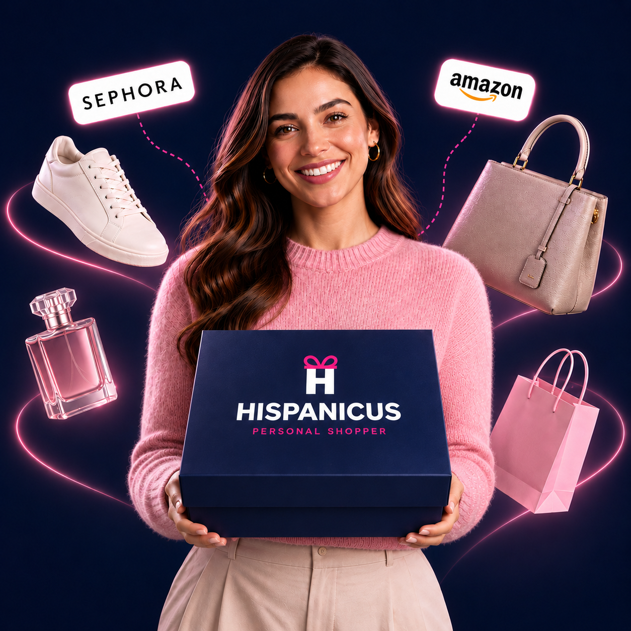 Personal shopper de Hispanicus sosteniendo una caja navy con el logotipo de Hispanicus, rodeada de productos comprados en tiendas de Estados Unidos: tenis, bolso, perfume y bolsa de compras