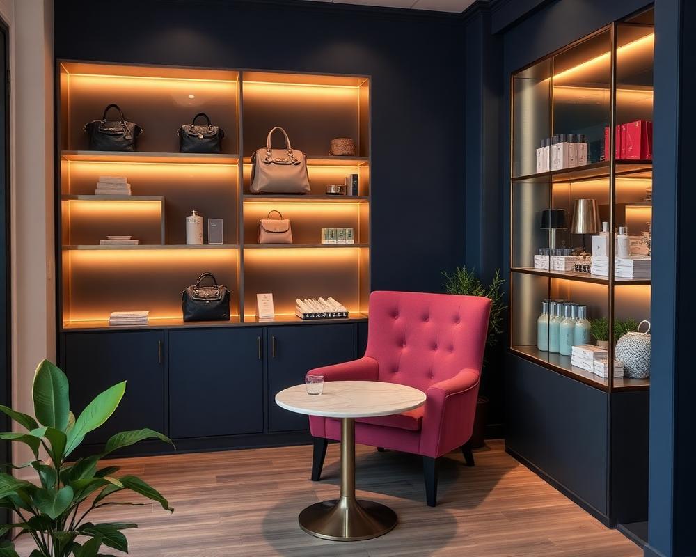 Interior del showroom de Hispanicus en Cancún con bolsos y productos de belleza en exhibición